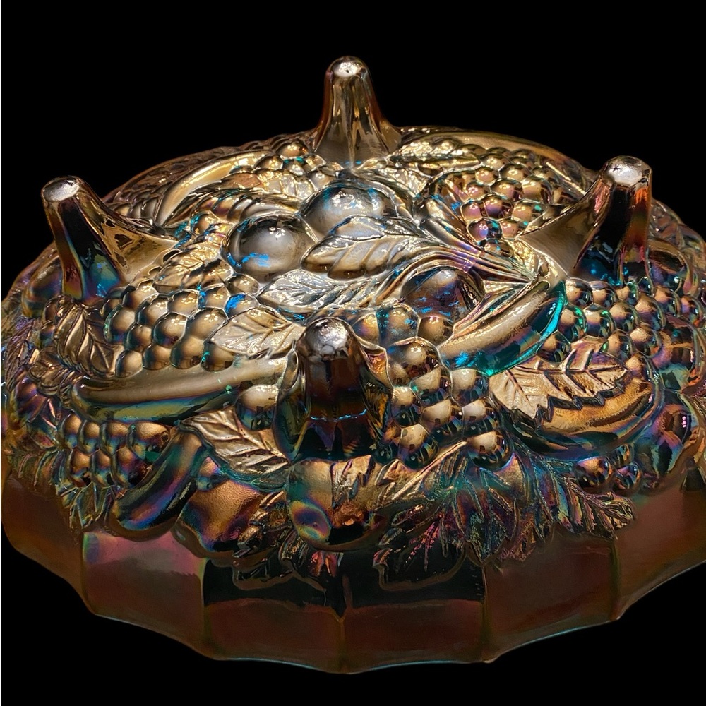 Vintage Indiana Carnival Glass footed oval  bowl Harvest Grape blue iridescent